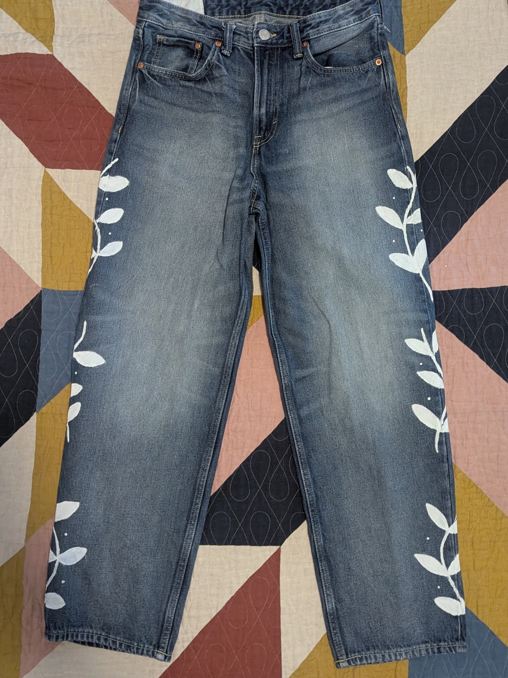 Upcycled H&M Blue Wide-Leg Jeans with White Leaf Print